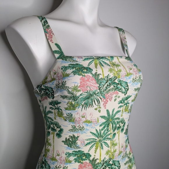 Vineyard Vines Green Pink Tropical Flamingo Square Neck One Piece Swimsuit S - Picture 4 of 9